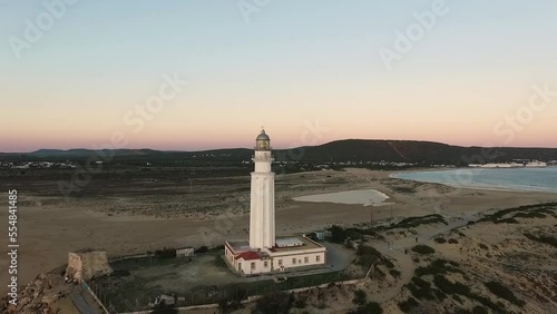Late Evening circular view of the Trafalgar Lighthouse just around sunset as the town lights start to come up