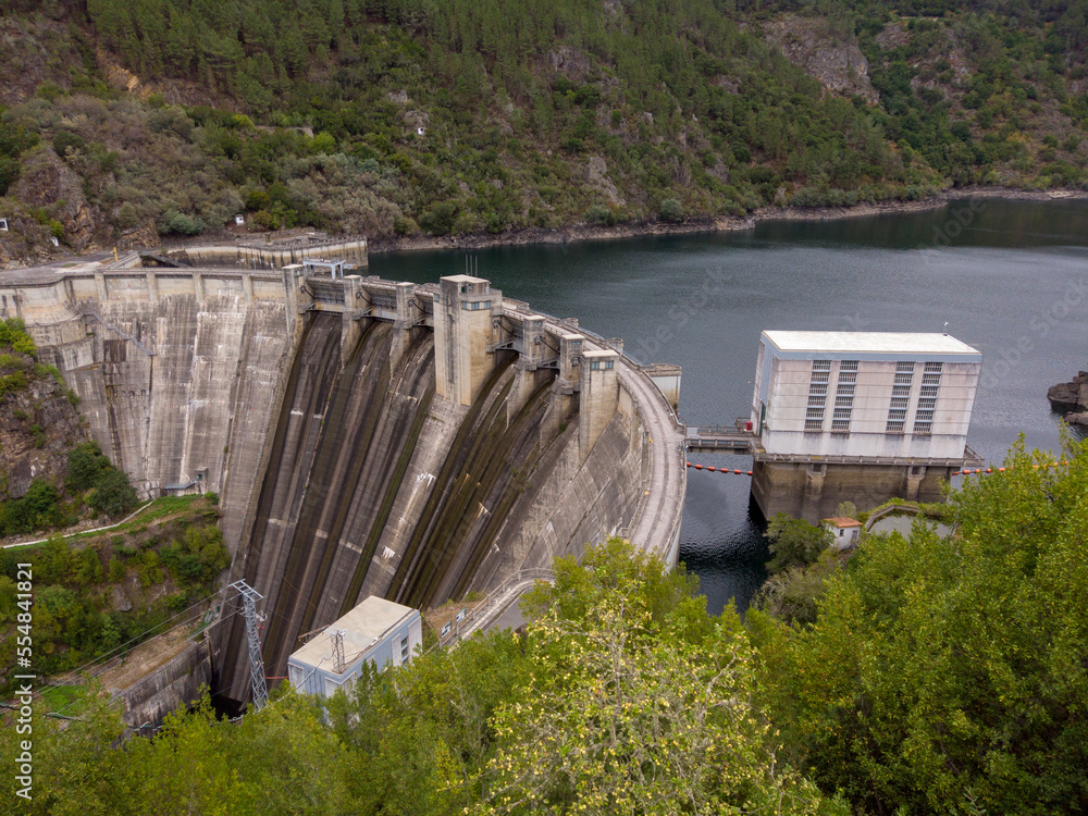 The Santo Estevo Reservoir and Hydroelectric plant in Ourense, Spain. Dam station on river Sil.