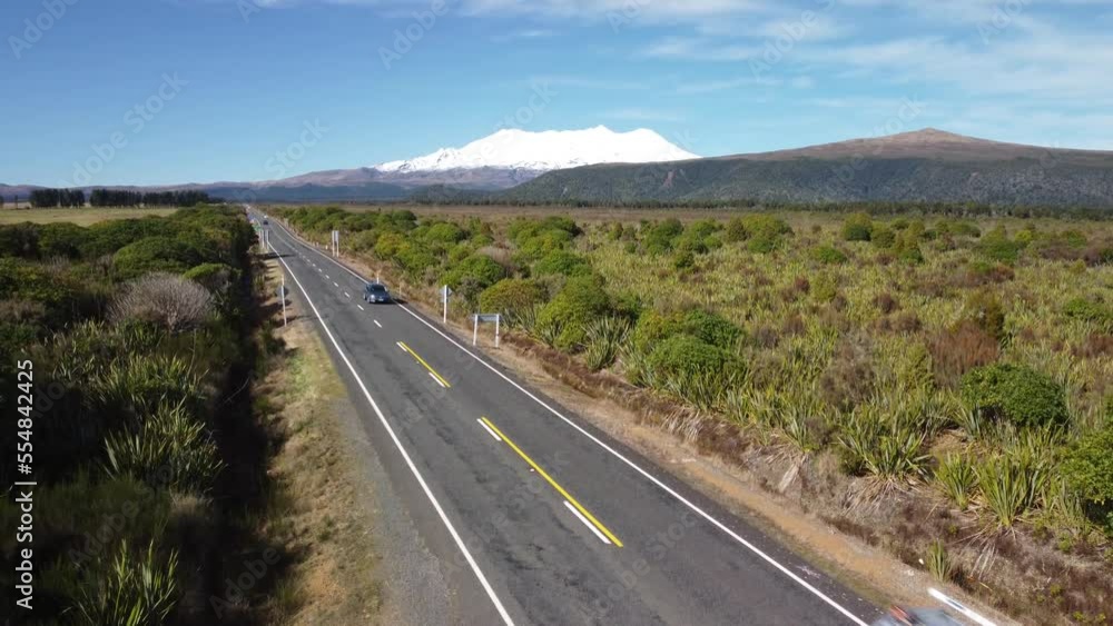 Mount Ruapehu drone reveal from highway New Zealand Mount Ruapehu drone reveal from highway New Zealand