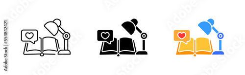 Table lamp with book line icon. Bedtime Story, Study, Literature, Education, Learning, Fairy Tale, Novel, Bestseller, Tridder, Detective, Homework. Vector icon in line, black and colorful style