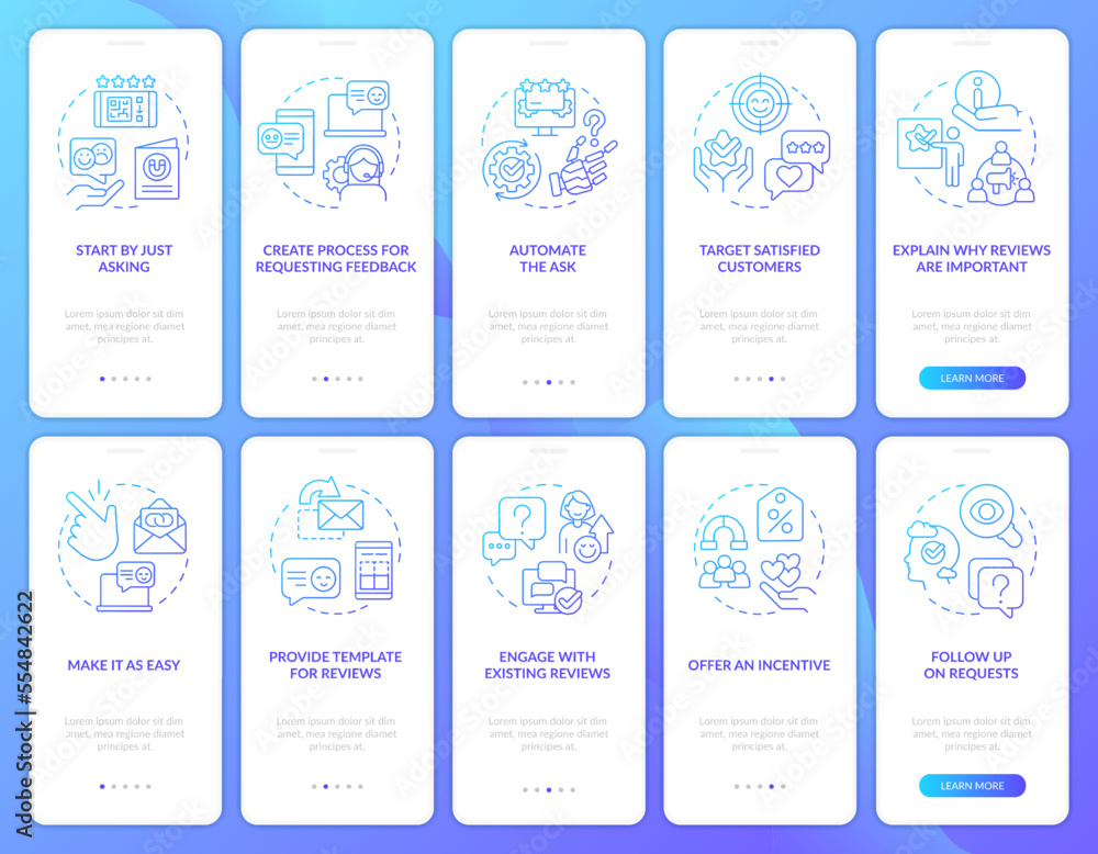 Earning customer loyalty blue gradient onboarding mobile app screen set. Walkthrough 5 steps graphic instructions with linear concepts. UI, UX, GUI template. Myriad Pro-Bold, Regular fonts used