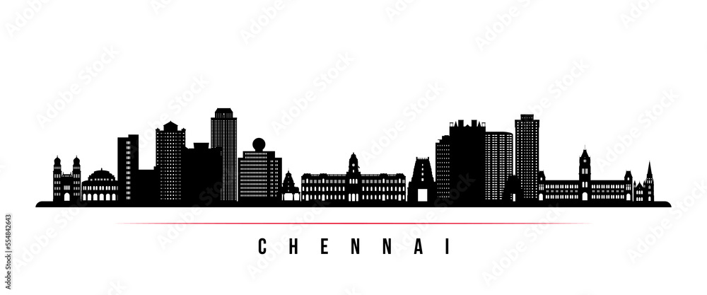 Chennai skyline horizontal banner. Black and white silhouette of Chennai, India. Vector template for your design.