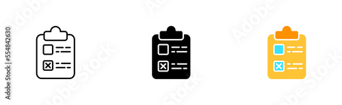 Clipboard with a checkmark set icon. Document, survey, documentation, research, sheet of paper, file, approved. Business concept. Vector icon in line, black and colorful style on white background
