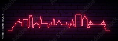 Red neon skyline of Cardiff. Bright Cardiff City long banner. Vector illustration.