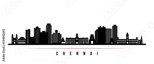 Chennai skyline horizontal banner. Black and white silhouette of Chennai, India. Vector template for your design.
