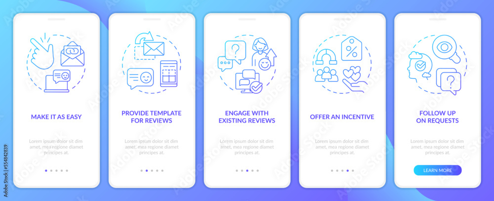 Motivating clients to give feedback blue gradient onboarding mobile app screen. Walkthrough 5 steps graphic instructions with linear concepts. UI, UX, GUI template. Myriad Pro-Bold, Regular fonts used