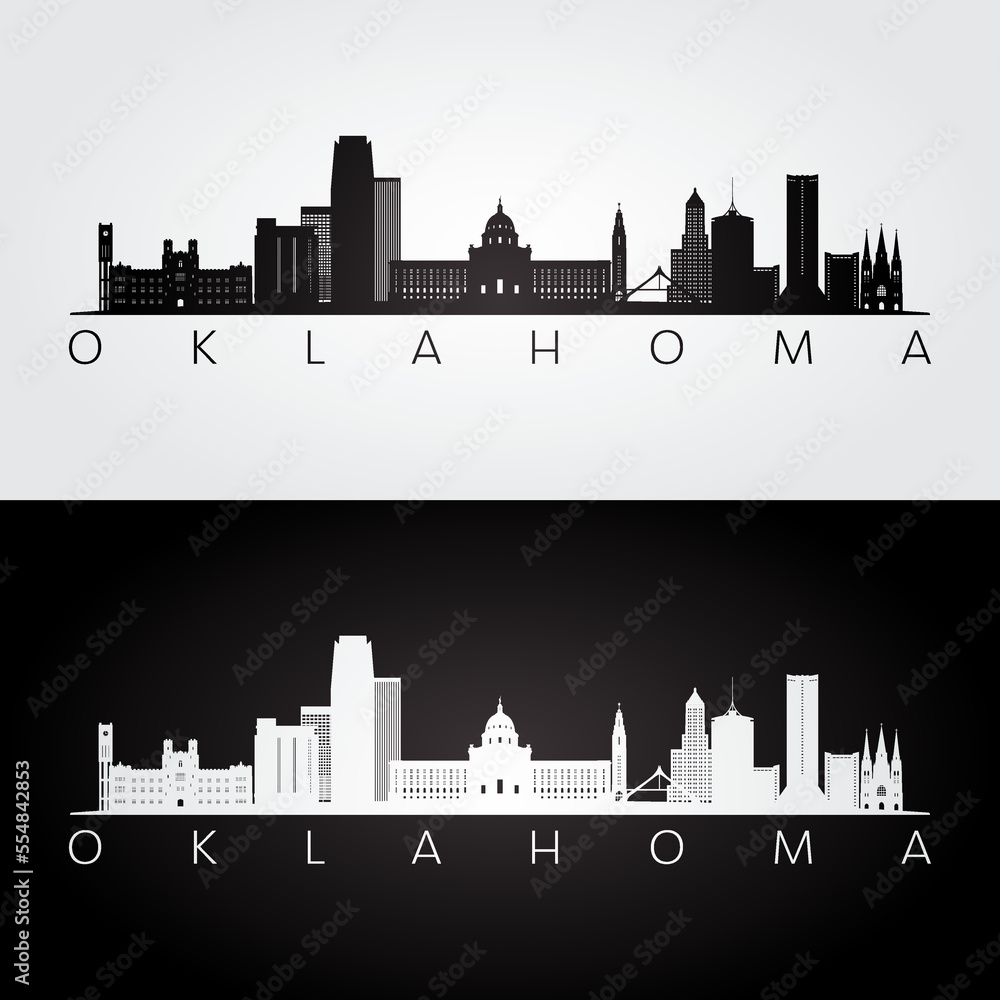 Oklahoma state skyline and landmarks silhouette, black and white design. Vector illustration.