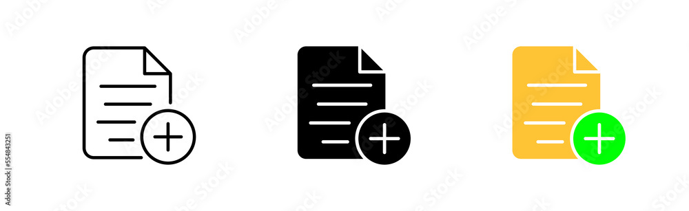 File with Plus set icon. Add new information, privacy, document, text, minus, image, media, favorites, gallery. Data set concept. Vector icon in line, black and colorful style on white background File with Plus set icon. Add new information, privacy, document, text, minus, image, media, favorites, gallery. Data set concept. Vector icon in line, black and colorful style on white background
