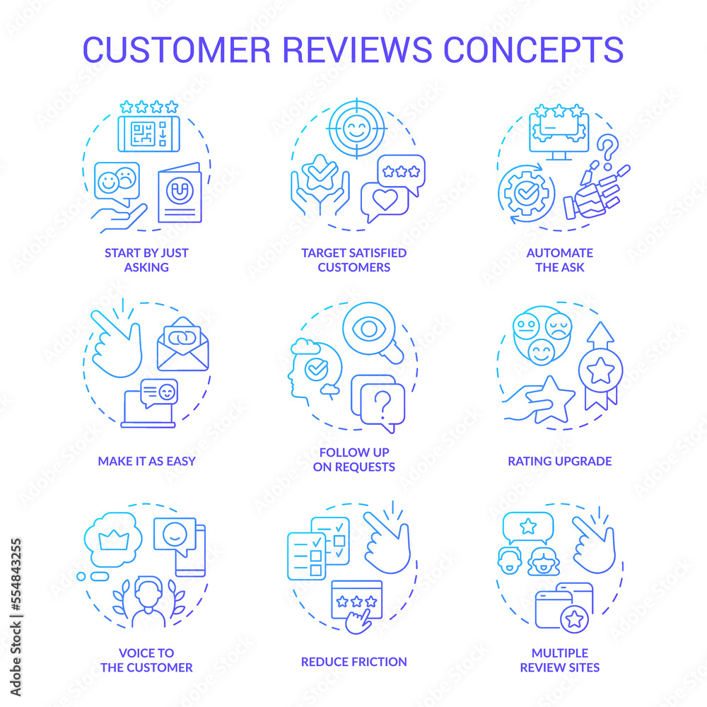Customer reviews blue gradient concept icons set. Product marketing idea thin line color illustrations. Satisfied client feedback. Isolated symbols. Roboto-Medium, Myriad Pro-Bold fonts used