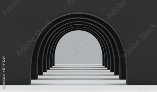 Fototapeta Naklejka Na Ścianę i Meble -  Empty corridor of several round arches in perspective with black walls, white floor and shadows. Minimal background. Abstract architecture. Vector illustration of archway. Inside interior
