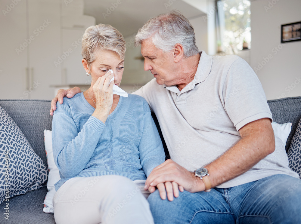 Sad, crying and support of senior couple empathy, trust and helping for mental health problem, divorce or cancer with holding hands. Love of old couple hand holding for bad news, depression or death Sad, crying and support of senior couple empathy, trust and helping for mental health problem, divorce or cancer with holding hands. Love of old couple hand holding for bad news, depression or death