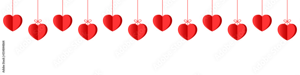 Hanging hearts garland.Red 3d paper hearts .Set of simple hearts.Valentine's Day seamless pattern. Hearts garland isolated on a white background. Valentine's day decoration. Hanging hearts garland.Red 3d paper hearts .Set of simple hearts.Valentine's Day seamless pattern. Hearts garland isolated on a white background. Valentine's day decoration.