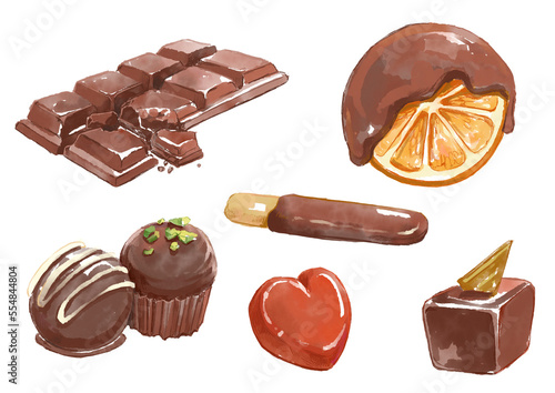 たくさんの種類のひとくちチョコレートの水彩イラスト(透過PNG)