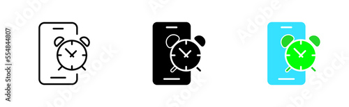 Clocks in phone set icon. Punctuality, signboard, schedule, hourglass, alarm clock, timer, stopwatch, 24, around the clock, planning. Vector icon in line, black and colorful style on white background © Кирилл Макаров