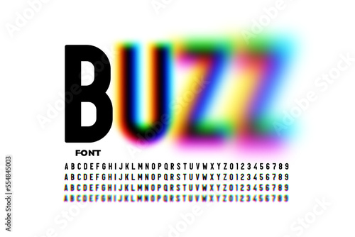 Buzz font, blurry style alphabet, letters and numbers vector illustration photo