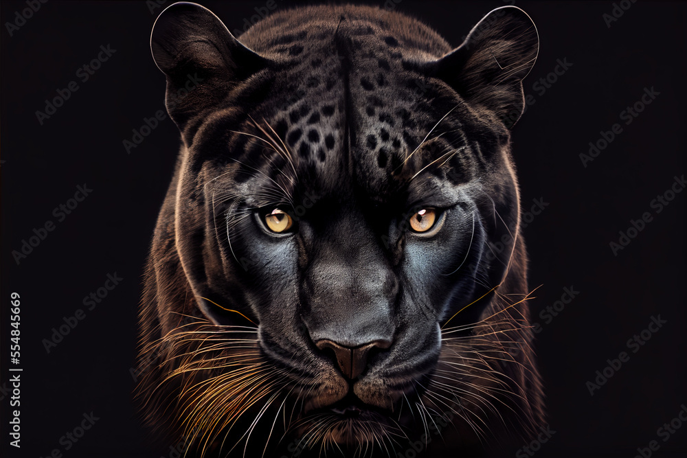 Front view of black panther big cat over black background