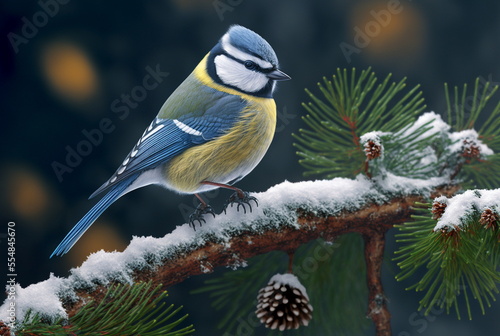 Bluetit sitting on a snowy pine branch in the forest