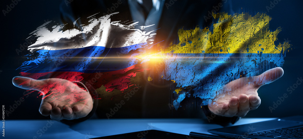 conflict between ukraine and russia concept. Diplomatic negotiations for a truce - obrazy, fototapety, plakaty 