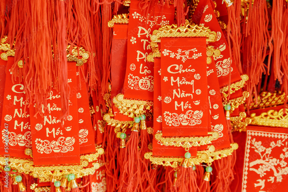 Traditional red gifts and decorations at Lunar New Year market