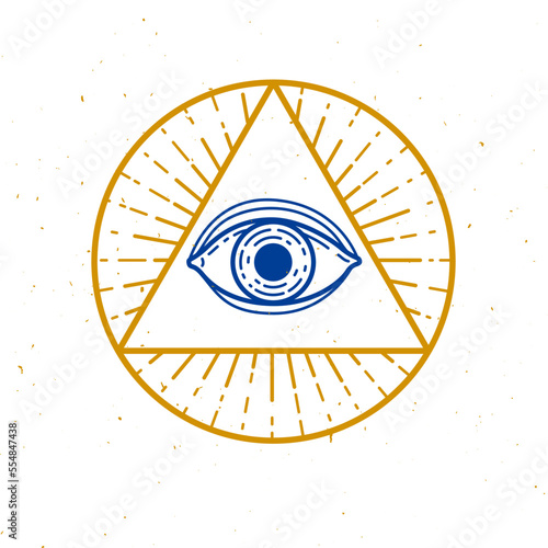 All seeing eye of god in sacred geometry triangle, masonry and illuminati symbol, vector logo or emblem design .