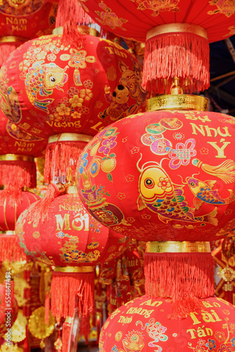 Closeup view of traditional red lanterns at New Year market