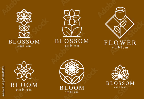 Beautiful geometric flower logos vector linear designs set  sacred geometry line drawing emblems or symbols collection  blossoming flower hotel or boutique or jewelry logotypes.