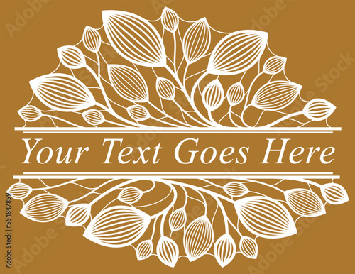 Beautiful linear floral vector design on dark, leaves and branches elegant text divider border element for layouts, fashion style classical emblem, luxury vintage graphics.