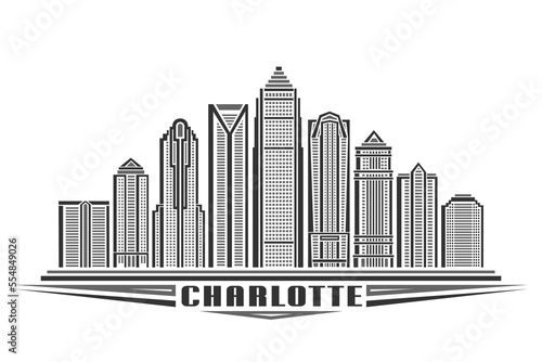 Vector illustration of Charlotte, monochrome horizontal poster with linear design famous charlotte city scape, urban line art concept with decorative lettering for text charlotte on white background