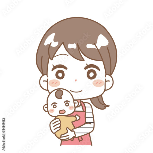 Illustration of a woman raising a child.