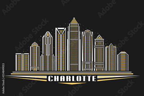Vector illustration of Charlotte, dark poster with simple linear design famous charlotte city scape on dusk sky background, american urban line art concept with decorative lettering for text charlotte photo