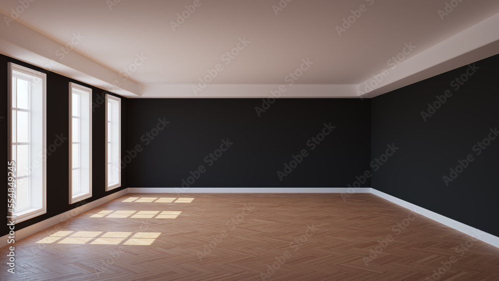 Empty Interior with Black Stucco Walls, Three Windows, White Ceiling Cornice, Glossy Herringbone Parquet Floor and a White Plinth. 3d render with a Work Path on the Window. 8K Ultra HD, 7680x4320 Empty Interior with Black Stucco Walls, Three Windows, White Ceiling Cornice, Glossy Herringbone Parquet Floor and a White Plinth. 3d render with a Work Path on the Window. 8K Ultra HD, 7680x4320