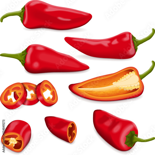 Set with whole, half, quarter, slices, and wedges of Red Fresno chili peppers. Capsicum annuum. Chili pepper. Vegetables. Vector illustration isolated on white background.