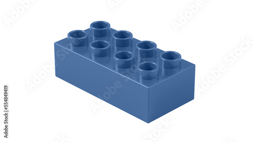 Cobalt Blue Plastic Block Isolated on a White Background. Children Toy Brick  Perspective View. Close Up View of a Game Block for Constructors. 3D illustration with a Work Path. 8K Ultra HD