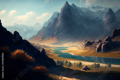 landscape of the valley with mountains at the edges. Generative AI