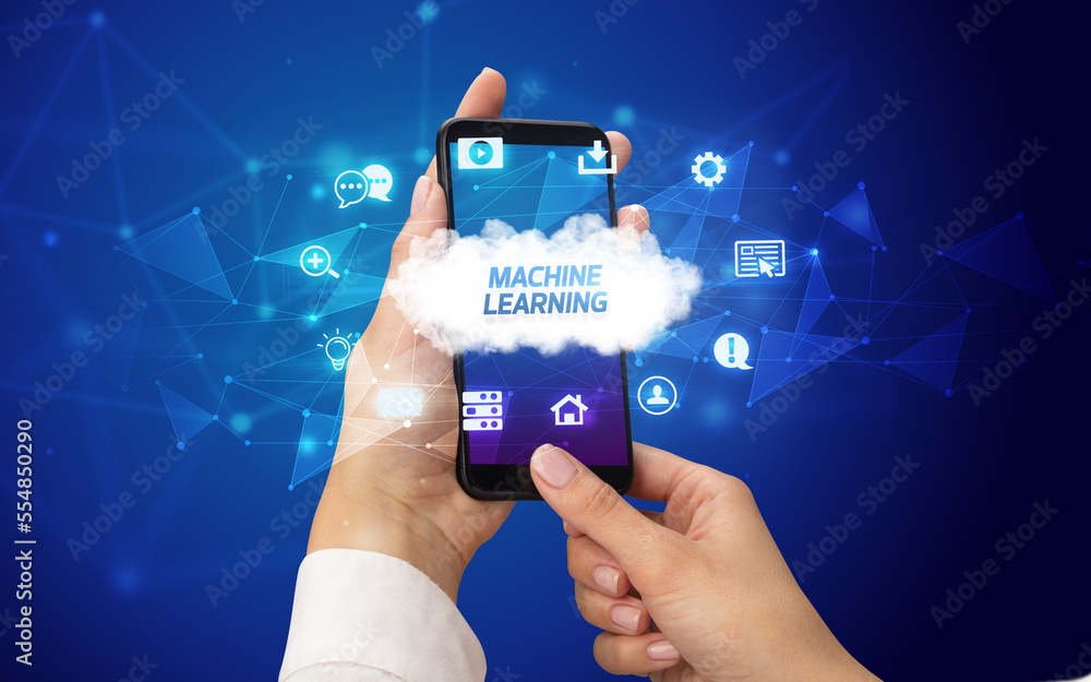 Hand using smartphone with cloud technology concept Hand using smartphone with cloud technology concept