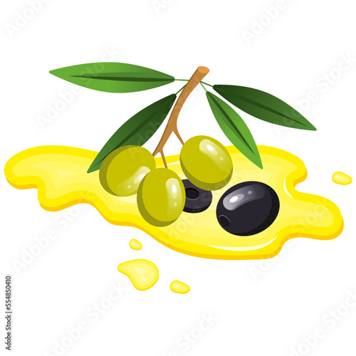 Vector set with green and black olives. Twigs with olives with leaves, individual berries. The concept of vegetables and healthy eating.