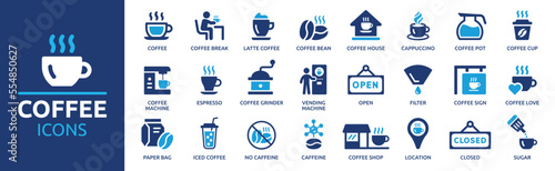 Coffee icon set. Containing latte, coffee bean, cappuccino, espresso, coffee shop, sugar and caffeine. Solid icon collection.