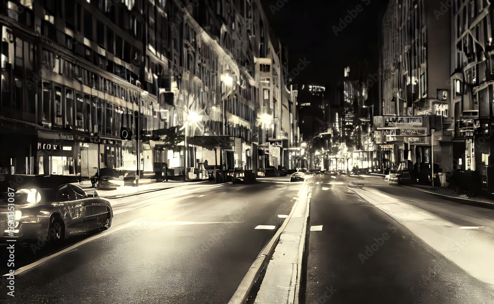 Busy street with cars and lights in a big city in dark night, made with generative ai