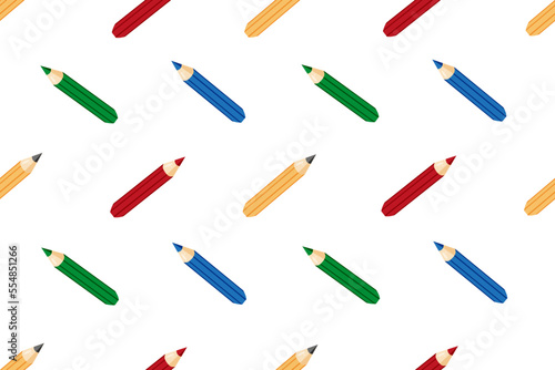 Seamless pattern with colored pencil on white background. Colorful pencils. Wallpaper print. Children bed linen. Backdrop with school writing accessories.
