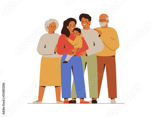 Happy family grandfather, grandmother, father, mother, child boy support each other. Different generations senior and young gathered together. Family friendly and unity concept. Vector illustration