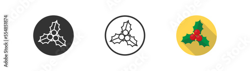 Christmas holy berry icon with long shadow. Mistletoe. Xmas decoration. Merry Christmas symbol.  Flat design.