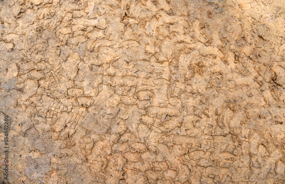 Traces of tire treads on the ground. Imprint tires on wet clay. Brown dirt with traces from the wheels of the SUV. Traces of tire treads on the ground. Imprint tires on wet clay. Brown dirt with traces from the wheels of the SUV.