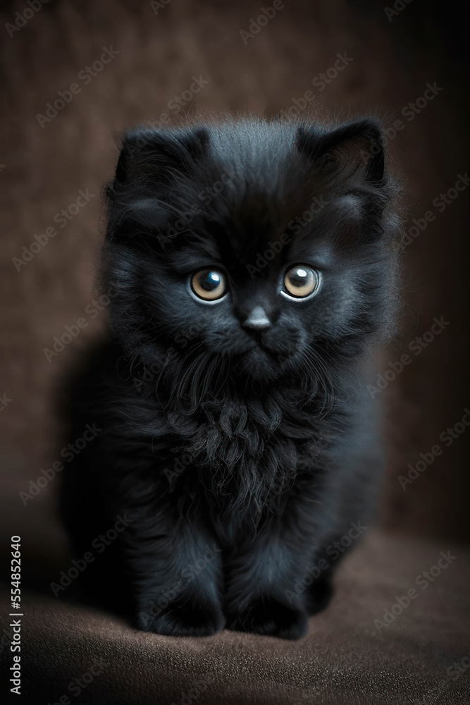 Cute and adorable tiny black fluffy kitten, black background, AI generated image