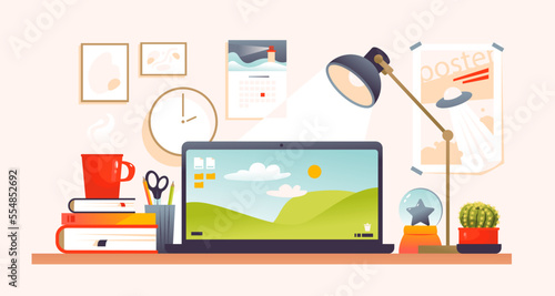 A laptop on a table with books around and a lamp. A workspace with a laptop and office supplies. Online education. Home office. Vector illustration
