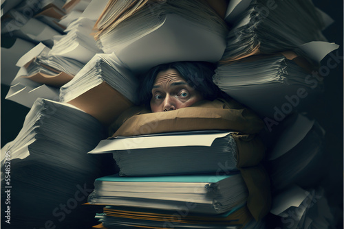 Fototapet Drowning in  paperwork concept, with person trapped between stacks of paper, Ai