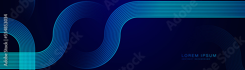 Abstract dark blue gradient horizontal banner background with glowing circle lines. Geometric stripe line art design. Modern shiny blue lines. Futuristic technology concept. Vector illustration