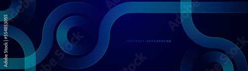 Abstract glowing circle lines on dark blue background. Geometric stripe line art design. Modern shiny blue lines. Futuristic technology concept. Horizontal banner template. Vector illustration