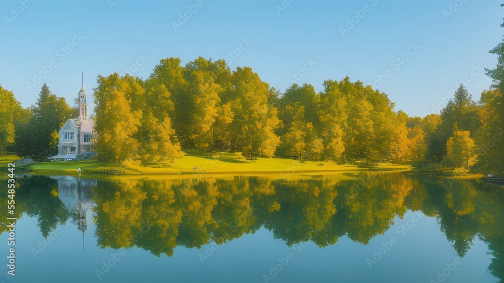 Generative AI,scenic view of lake by trees against sky during autumn