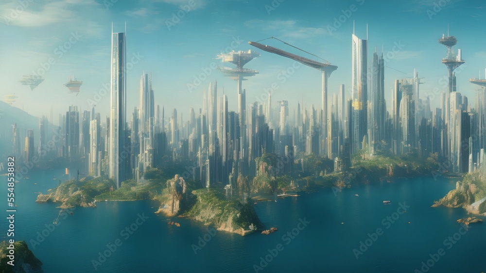 Obraz premium Generative AI,panoramic view of buildings in city against sky