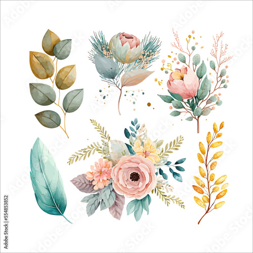 Watercolor floral bouquet - blush pink blue yellow flower green leaf leaves branches bouquets collection. Decorative elements template. Flat cartoon illustration isolated on white bac